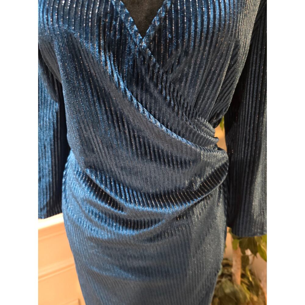 Tacera Faux Wrap Velvet Dress Women's Size PL Navy Blue V Neck Long Sleeves - Picture 4 of 12
